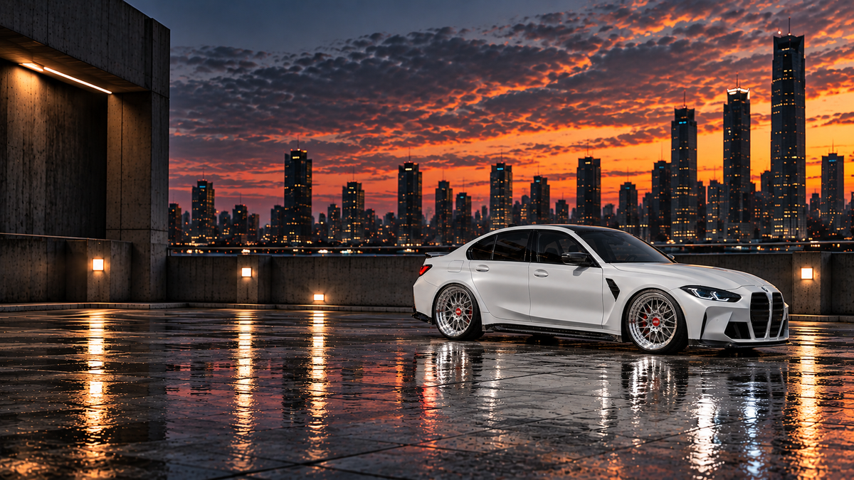 White BMW M3 Competition on BBS wheels on a wet rooftop with a city skyline at sunset